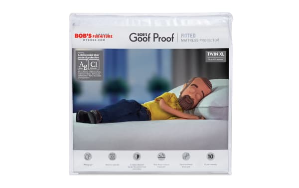 Bob's Goof Proof Basic Twin XL Mattress & Pillow Protector Bundle in white nylon and cotton terry. Waterproof, antimicrobial mattress protector with elastic fitted sheet style and wick away moisture treatment. Includes zippered pillow protector slip for easy removal and breathable, soft cotton terry surface. Twin XL fits mattresses up to 18" deep. Machine washable with 10-year warranty.