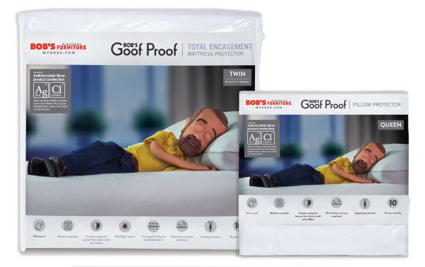 Better Twin Mattress & Pillow Protector Bundle by Bob’s Goof Proof, white nylon and cotton terry, waterproof, breathable, zippered total encasement mattress protector and pillow protector with antimicrobial silver for mold, mildew, dust mite, and bed bug resistance.