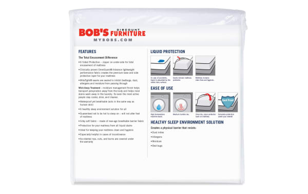 Better Twin Mattress & Pillow Protector Bundle by Bob's Discount Furniture features white nylon and cotton terry fabric with six-sided zippered mattress encasement and breathable Omniguard® Advance barrier. Waterproof, dust mite and bed bug resistant, silky soft, and easy to clean for mattress and pillow protection.