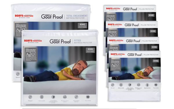 Best King Mattress & Pillow Protector Bundle by Bob’s Discount Furniture, includes white nylon and cotton terry fitted mattress protector with zipper encasement and four white zippered pillow protectors. Waterproof, breathable, mold-resistant bed and pillow covers with Omniguard® Advance fabric for total mattress protection and easy cleaning.