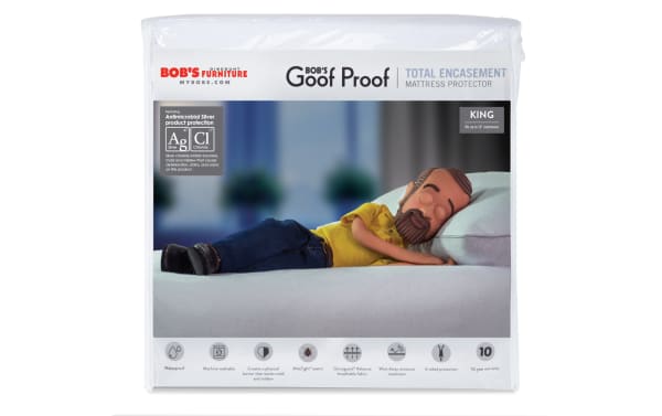 Bob's Goof Proof Total Encasement King Mattress Protector in white nylon and cotton terry with antimicrobial silver, waterproof, breathable, six-sided zippered design.