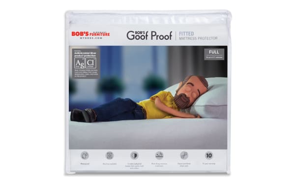 Bob’s Goof Proof Full Fitted Mattress Protector in white nylon and cotton terry, waterproof, machine washable, antimicrobial silver protection, elasticized fitted sheet style, 10-year warranty.