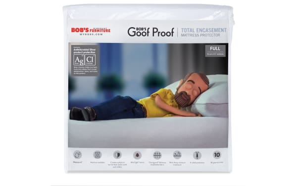 Bob's Furniture Goof Proof Total Encasement Full Mattress Protector in white nylon and cotton terry with antimicrobial silver, waterproof, breathable, six-sided zipper design, mold, mildew, bed bug resistant, machine washable, includes pillow protector bundle.
