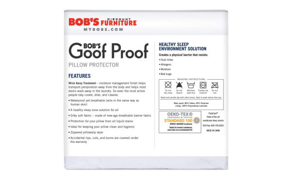 Bob's Furniture Goof Proof Queen Pillow Protector set of 2 in white nylon with zippered pillow slip style, waterproof breathable fabric, wick away moisture treatment, and six-sided allergen, dust mite, bed bug, and stain protection for a cooler, cleaner sleep environment.