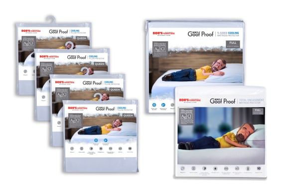 Bob’s Furniture Goof Proof Ultimate Full Cooling Mattress & Pillow Protector Bundle in light gray nylon and cotton terry, antimicrobial, machine washable, cooling fiber technology, moisture-wicking, stain and allergen protection, queen and full sizes shown.