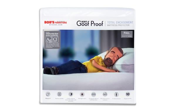 Bob’s Goof Proof Full encasement mattress protector packaging showing antimicrobial silver protection, waterproof, machine washable, and 10-year warranty features.