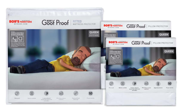 Basic Queen Mattress & Pillow Protector Bundle by Bob’s Discount Furniture featuring antimicrobial silver protection. Includes white fitted mattress protector and two white zippered pillow protectors with breathable, soft cotton terry surface. Waterproof nylon barrier with wick-away moisture treatment, elasticized fitted sheet style for mattress, and zippered pillow slip style for easy removal. Durable, machine washable, and stain-resistant mattress and pillow protectors designed for queen size beds.
