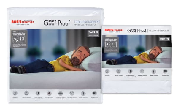 Better Twin XL Mattress & Queen Pillow Protector Bundle by Bob’s Discount Furniture. White nylon and cotton terry fabric with waterproof, breathable Omniguard® Advance. Mattress protector features six-sided total encasement with zipper, mold, mildew, bed bug, and dust mite resistance. Pillow protector has zippered slip style for easy removal, soft cotton terry surface, and antimicrobial silver protection. Machine washable with 10-year warranty.