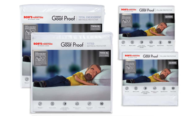 Best Twin XL Mattress & Pillow Protector Bundle by Bob’s Discount Furniture includes waterproof, antimicrobial nylon and cotton terry protectors with zippered encasement and fitted sheet style, breathable soft Omniguard® Advance fabric, mold, mildew, bed bug, and dust mite resistant mattress and pillow covers in white.