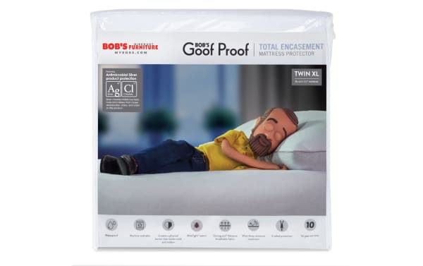 Bob’s Goof Proof Total Encasement Twin XL Mattress Protector in white nylon and cotton terry, waterproof, breathable, six-sided zippered design with antimicrobial silver protection.