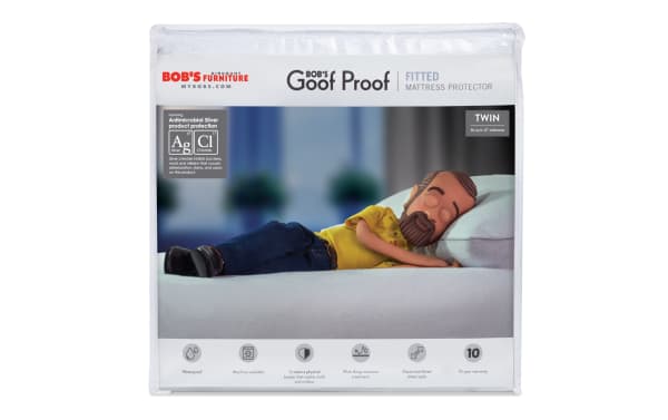 Basic Twin Mattress & Pillow Protector Bundle by Bob's Discount Furniture, antimicrobial waterproof fitted mattress protector with elasticized cotton terry surface and zippered pillow protector slip, white nylon and cotton terry, twin size for mattresses up to 18" thick, 10-year warranty.