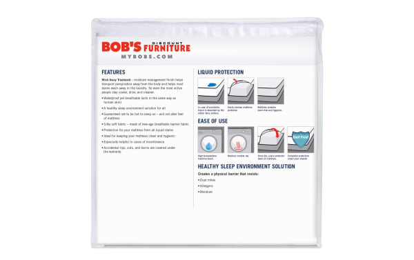 Basic Twin Mattress & Pillow Protector Bundle by Bob’s Discount Furniture. White nylon and cotton terry fabric with wick-away moisture treatment. Waterproof, breathable mattress protector with elasticized fitted sheet style and stain resistance. Pillow protector features zippered slip style with ultra-soft cotton terry surface for hygiene and easy removal. Includes liquid protection, easy care instructions, and barrier against dust mites, allergens, and moisture.