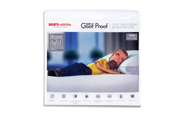 Bob’s Goof Proof Total Encasement Twin Mattress Protector in white nylon and cotton terry, antimicrobial silver protection, waterproof, machine washable, with 10-year warranty.