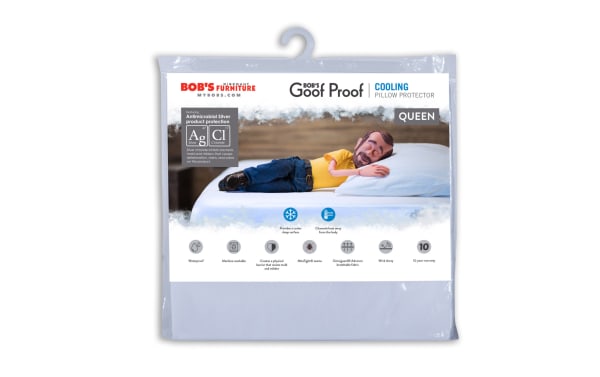 Bob’s Discount Furniture Goof Proof Cooling Pillow Protector in queen size, white nylon and cotton terry fabric, antimicrobial silver protection, waterproof, machine washable, with mite-tight seams and wick-away moisture control, offering a cooler sleep surface and 10-year warranty.
