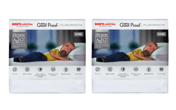 Set of 2 King Pillow Protectors by Bob's Goof Proof, white nylon with antimicrobial silver and chloride, waterproof, machine washable, zippered, cooling fiber technology, wick away moisture, 10-year warranty, six-sided encasement for stain, dust mite, bed bug, and allergen protection.