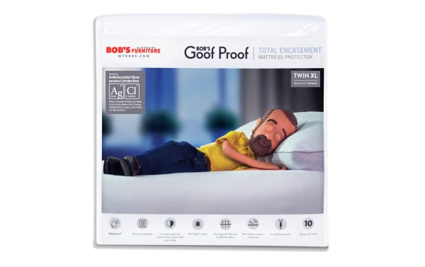 Bob’s Goof Proof Total Encasement Twin XL mattress protector in white nylon and cotton terry, antimicrobial silver protection, waterproof, machine washable, with mite-tight seams and moisture-wicking fabric.