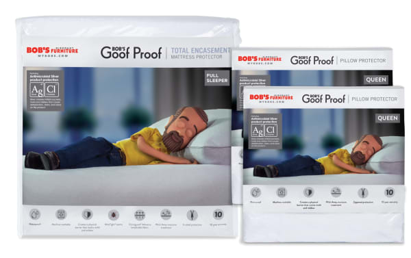 Sleeper Total Encasement Full Mattress & Queen Pillow Protector Bundle by Bob’s Discount Furniture, white nylon, cotton, polyester fabric with antimicrobial silver, waterproof, breathable OmniGuard® Advance fabric, six-sided zipper encasement, wick-away moisture treatment, mold, mildew, bed bug, and dust mite resistant, soft cotton terry surface, machine washable.