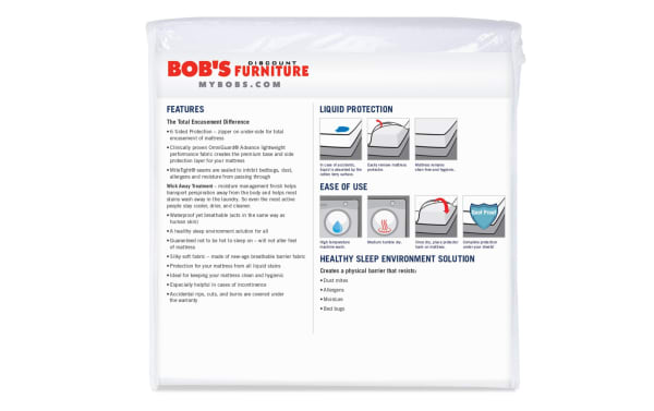 Sleeper Total Encasement Full Mattress & Pillow Protector Bundle by Bob's Furniture, nylon and polyester fabric with cotton terry surface. Features six-sided zippered encasement in white, antimicrobial waterproof barrier with OmniGuard® Advance breathable fabric, wick-away moisture treatment, and protection against bed bugs, dust mites, stains, and spills. Soft, breathable, and easy to clean mattress and pillow protector set.
