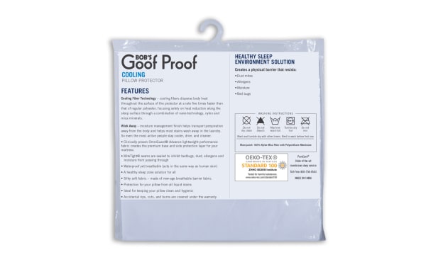 Bob’s Goof Proof Cooling Pillow Protector packaging showing features like cooling fiber technology, wick away moisture management, mite-tight seams, waterproof breathable fabric, and protection against dust mites, allergens, and stains. Made from nylon, cotton terry, and polyurethane membrane, this white pillow protector offers a cooler, cleaner sleep environment with machine washable care instructions.