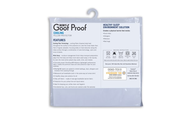 Bob’s Goof Proof King Cooling Pillow Protector Set of 2 in white nylon with cooling fiber technology, wick-away moisture finish, six-sided encasement, and antimicrobial breathable fabric for dust mite, allergen, and stain protection.