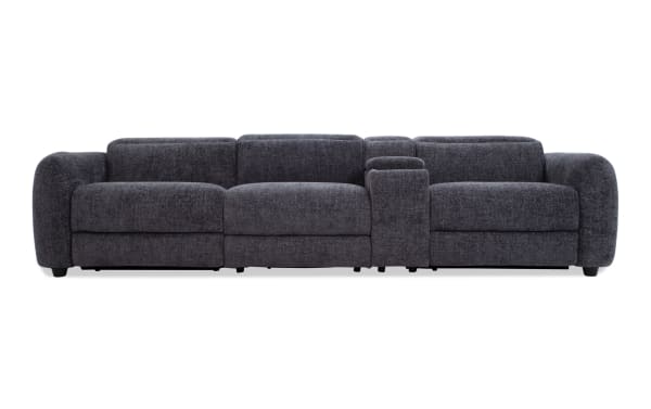 Dark gray fabric sectional sofa with wide armrests, plush cushions, and a built-in center console for storage and cup holders, ideal for modern living rooms.