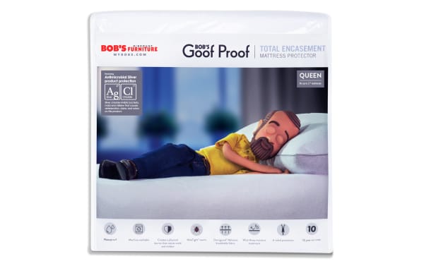 Bob's Furniture Goof Proof Total Encasement Queen Mattress Protector with antimicrobial silver, waterproof, machine washable nylon and cotton terry fabric, 10-year warranty.