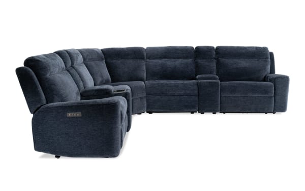 Dark blue fabric sectional recliner sofa with plush cushioning, padded armrests, and built-in control panel for adjustable comfort.