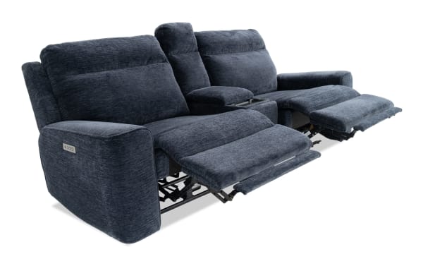 Dark blue fabric reclining loveseat with plush cushions, padded armrests, and a center console with cup holders, ideal for living room comfort.