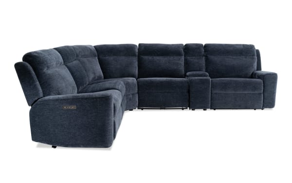 Dark blue fabric sectional sofa with reclining seats, plush cushioning, and built-in control panel for adjustable comfort.