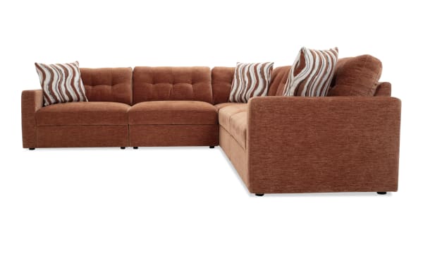 Modular Bob® Spice 117'' 5-piece sectional sofa in contemporary style, orange polyester fabric upholstery with memory foam cushions and built-in storage.