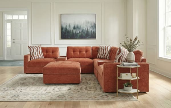 Modular Bob® Spice 117'' 5-piece contemporary sectional in orange polyester fabric with storage seats, armless chairs, corner piece, and memory foam cushions.