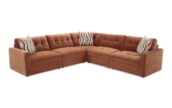 Modular Bob® Spice 117'' 5-piece contemporary sectional in orange polyester fabric with memory foam cushions, storage seats, and armless plus corner chairs.