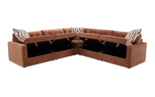 Modular Bob® Spice 117'' 5-piece contemporary sectional sofa in orange polyester fabric with memory foam cushions and built-in under-seat storage compartments.