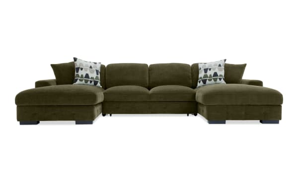 Playground Forest 148'' green 3-piece dual chaise sectional with armless pop-up sleeper, polyester fabric, transitional style, tufted cushions, and storage.
