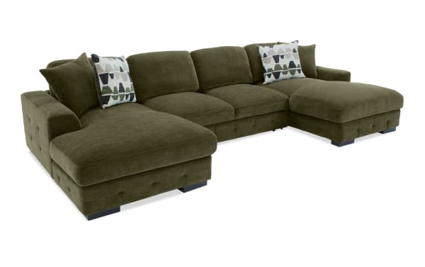 Transitional Playground Forest 148" 3-piece green fabric sectional with dual chaise, tufted polyester upholstery, oversized pillows, and pop-up sleeper loveseat.