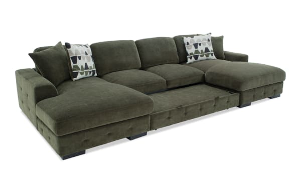 Playground Forest 148" 3-piece dual chaise sectional in green polyester fabric with hand-tufted detailing, oversized accent pillows, and pop-up sleeper loveseat. Transitional style with plush memory foam cushions and hidden chaise storage.
