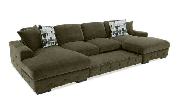 Playground Forest 148'' 3 Piece Dual Chaise Sectional in green polyester fabric with pop-up sleeper, storage chaise, memory foam cushions, and tufted detailing.