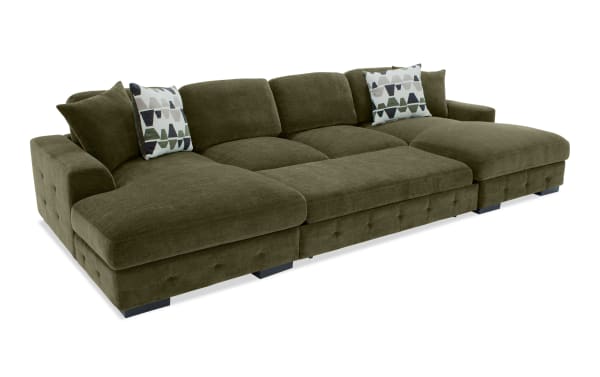Playground Forest 148'' 3 Piece Dual Chaise Sectional in green polyester fabric with pop-up sleeper, storage chaises, memory foam cushions, and tufted detailing.