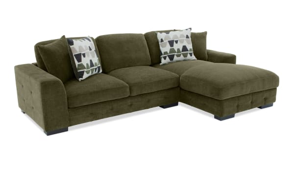 Playground Forest 116'' 2 Piece Right Arm Facing Chaise Sectional in green polyester fabric, transitional style with deep memory foam cushions and hand-tufted detailing.