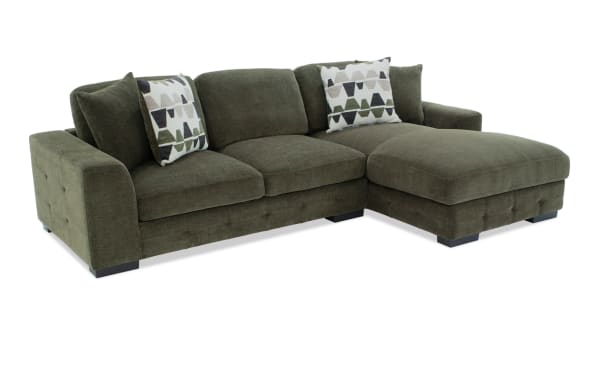 Playground Forest 116'' 2 Piece Right Arm Facing Chaise Sectional in green polyester fabric with hand-tufted detailing, plush cushions, and storage chaise.