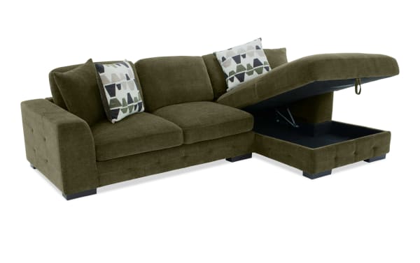 Playground Forest 116'' 2 Piece Right Arm Facing Chaise Sectional in green polyester fabric with deep memory foam cushions, hand-tufted detailing, and transitional style.