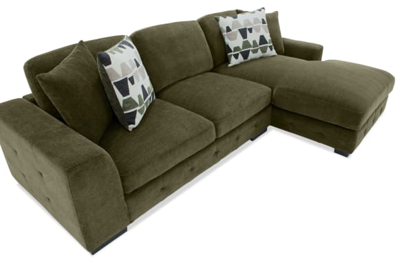 Green Playground Forest 116'' 2 Piece Right Arm Facing Chaise Sectional with storage, plush polyester fabric, hand-tufted details, and memory foam cushions in transitional style.