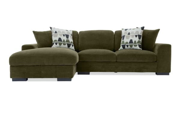 Playground Forest 116'' 2 Piece Left Arm Facing Chaise Sectional in green polyester fabric, transitional style with deep memory foam cushions and storage chaise.