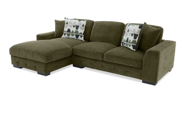 Playground Forest 116'' 2 Piece Left Arm Facing Chaise Sectional in green polyester fabric with plush woven upholstery, hand-tufted detailing, and deep memory foam cushions, styled in a transitional living room setting with accent pillows and wooden coffee tables.