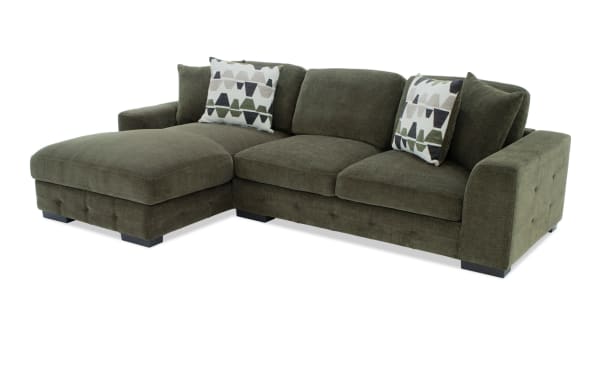 Plush green Playground Forest 116'' 2-piece left arm facing chaise sectional in transitional style, polyester fabric with hand-tufted detailing and deep memory foam cushions.
