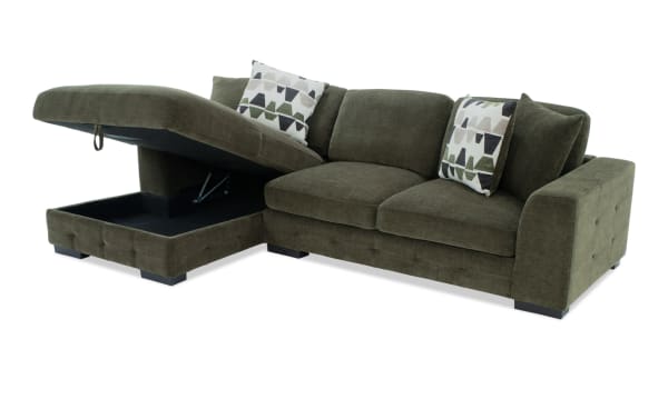 Playground Forest 116'' 2 Piece Left Arm Facing Chaise Sectional in green polyester fabric with storage chaise, deep memory foam cushions, and hand-tufted details.