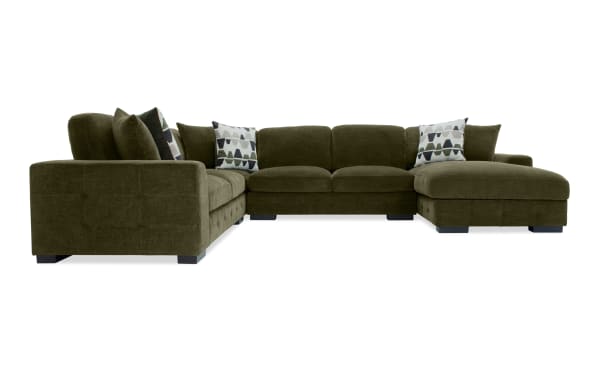 Playground Forest 145'' 4-piece right arm facing chaise sectional in green polyester fabric with deep memory foam cushions, hand-tufted detailing, and ample chaise storage.