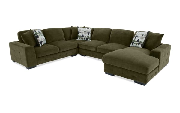 Playground Forest 145'' 4 Piece Right Arm Facing Chaise Sectional in green polyester fabric with deep memory foam cushions, hand-tufted detailing, and oversized accent pillows. Transitional style sectional from the Playground collection, featuring plush textured woven upholstery and ample chaise storage for blankets and gadgets.