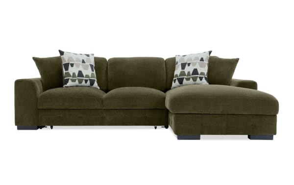 Playground Forest 116'' 2 Piece Right Arm Facing Pop-Up Sleeper Chaise Sectional in green polyester fabric with memory foam cushions, oversized pillows, and storage ottoman.