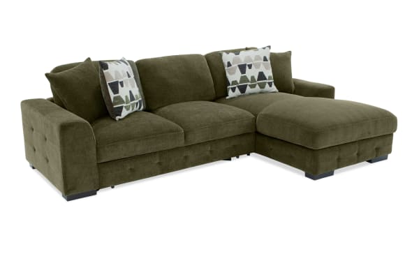 Playground Forest 116" 2-piece right arm facing pop-up sleeper chaise sectional in green polyester fabric. Transitional style with plush textured woven upholstery, hand-tufted detailing, oversized accent pillows, and deep cushion seating with memory foam. Includes storage chaise and convertible sleeper loveseat for versatile living room comfort.